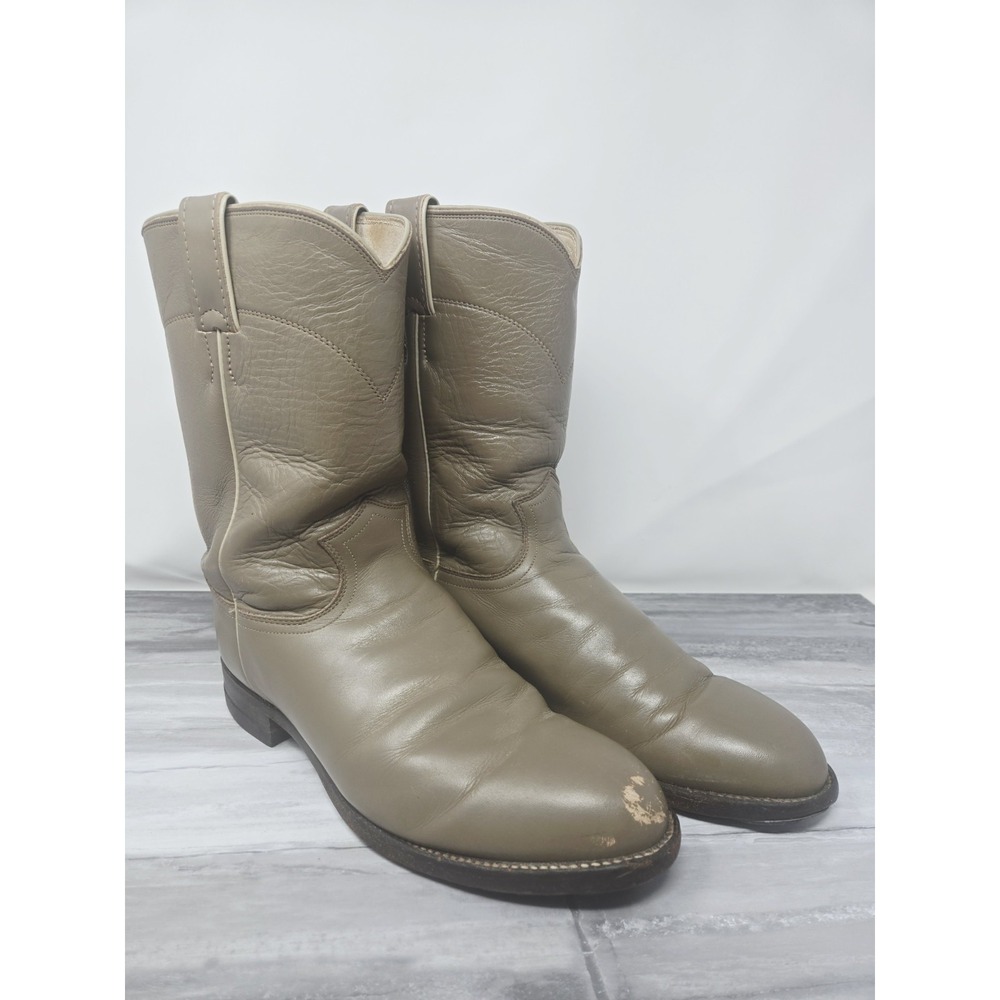 Justin (3033) Taupe Leather Roper Pull On Western Boots Men's Size 8 EE Vintage